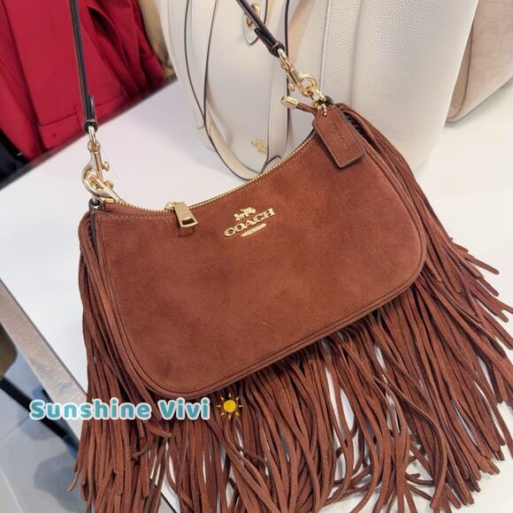 NWT Coach Coach Teri Shoulder Bag With Fringe CCC66, suede/Im/Vintage Brown - Picture 9 of 14